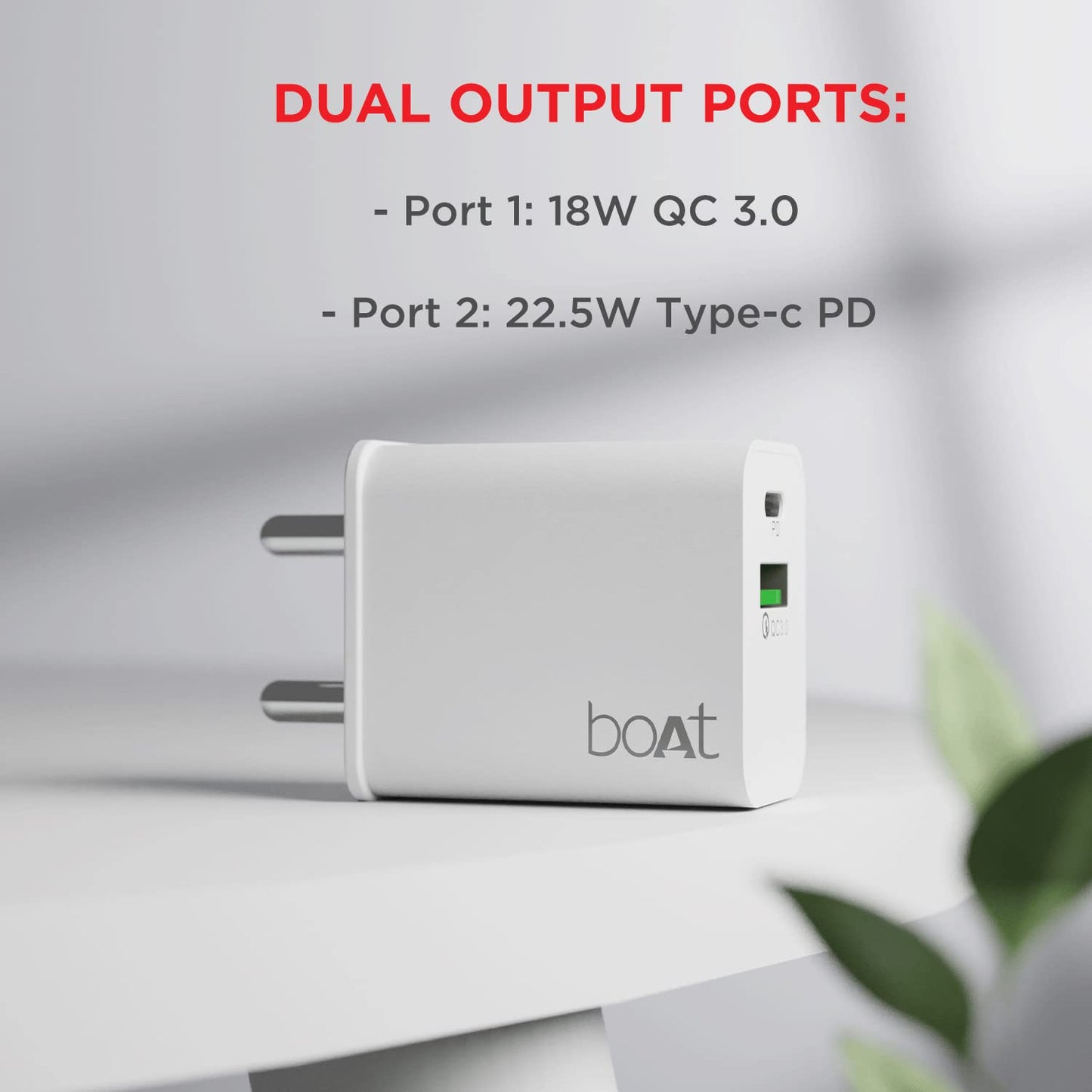 boAt WCDV 22.5W Dual Port Charger with 22.5W Power Delivery Support.