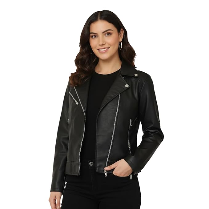 Women's Black Biker Jacket | Solid Stylish Streetwear | Full Sleeve Slim Fit for Girls & Ladies