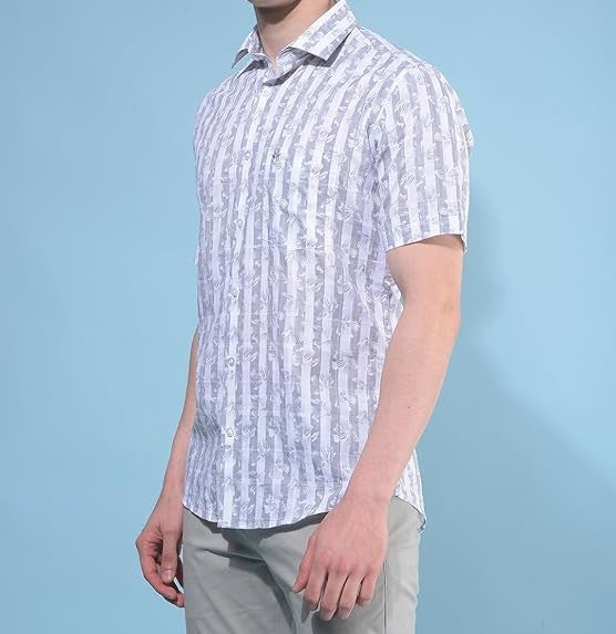 Crimsoune Club Men's Grey Vertical Striped 100% Cotton Shirt