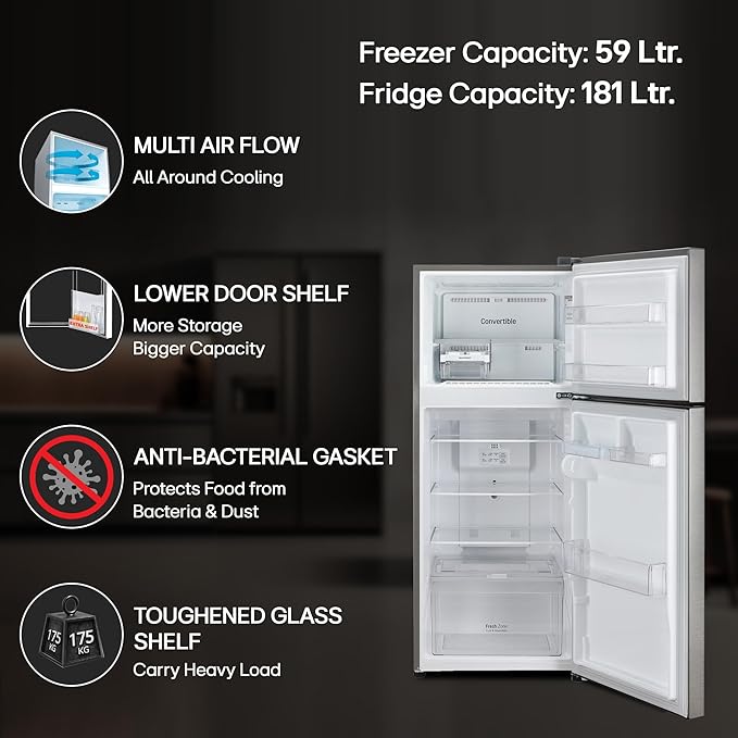 LG 240 L 3 Star Frost-Free Smart Inverter Double Door Refrigerator (GL-S292RDSX, Dazzle Steel, Convertible & Multi Air Flow Cooling)