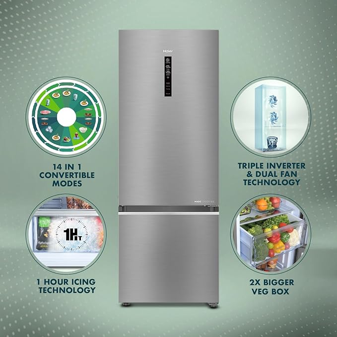 Haier 355 L, 3 Star, Convertible 14-in-1 Triple Inverter & Fan Motor Technology, with Display Frost Free, Bottom Mounted Double Door Refrigerator (HEB-363TS-P, Inox Steel)