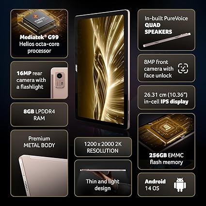 Acer Iconia Tab iM10-22 | 10.36" 2K IPS Display, Quad Speakers, 8GB RAM + 256GB Storage, 16MP Rear + 8MP Front Camera, Fingerprint Reader, Wi-Fi + 4G LTE(Calling), Android 14, Slim Metal Body, Gold