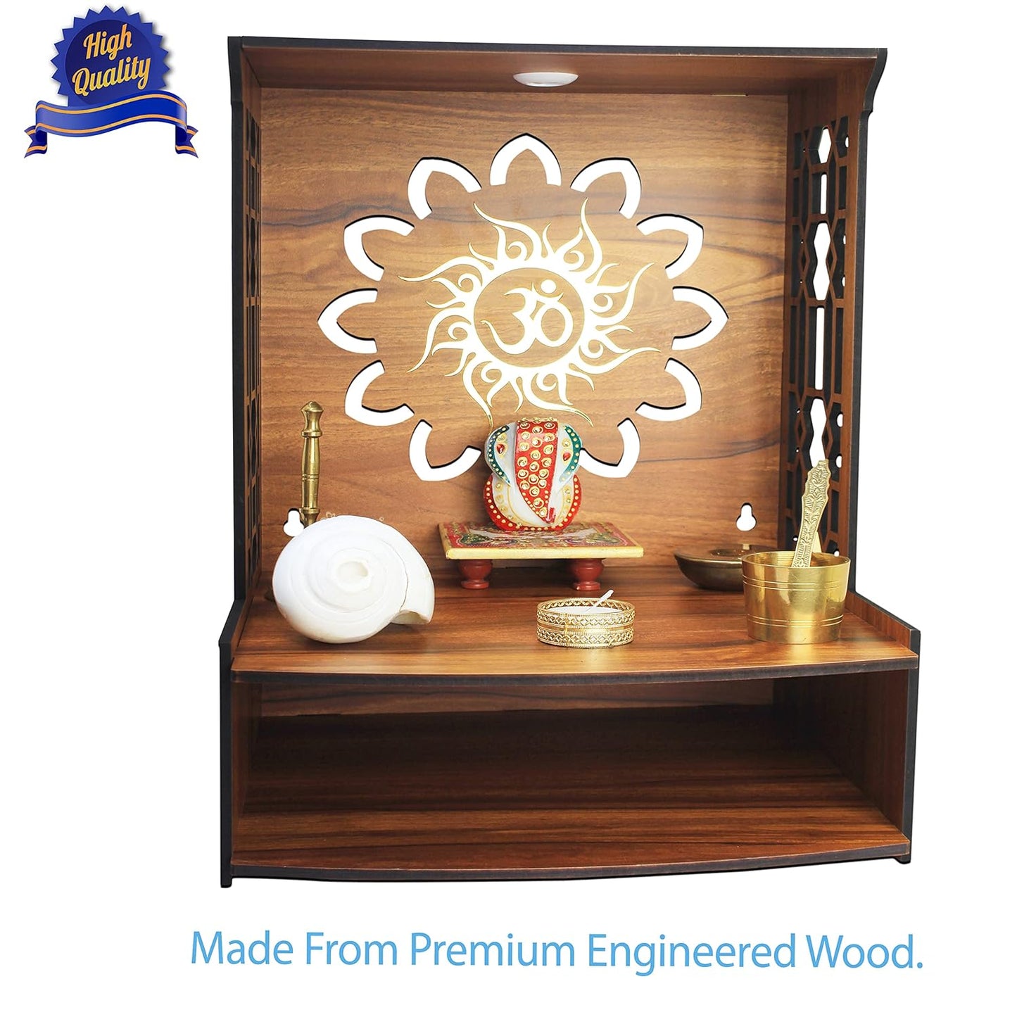 Heartily® Mangal Beautiful Wooden Pooja Stand for Home Pooja Mandir for Home Temple for Home and Office Puja Mandir for Home Wall Mounted with LED Spot Light Size (H- 15.5, L- 11.5, W-11 Inch)