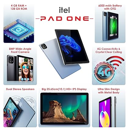 Itel PAD ONE (10.1 inch Tablet, 4GB RAM, 128 GB ROM, 4G Volte Calling) - Light Blue Bluetooth;Wi-Fi