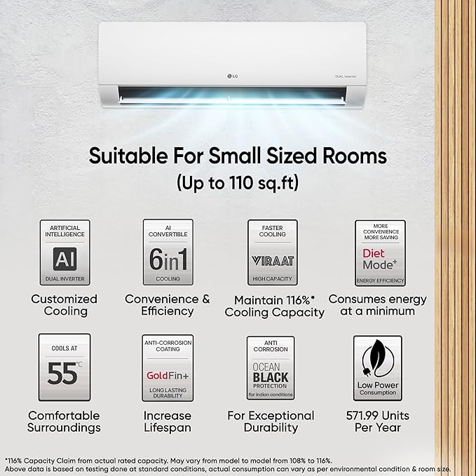 LG 1 Ton 4 Star DUAL Inverter Split AC (Copper, AI Convertible 6-in-1 with VIRAAT Mode, Faster Cooling & Energy Saving, 4 Way Swing, HD Filter with AntiVirus Protection, US-Q13JNYE, White)