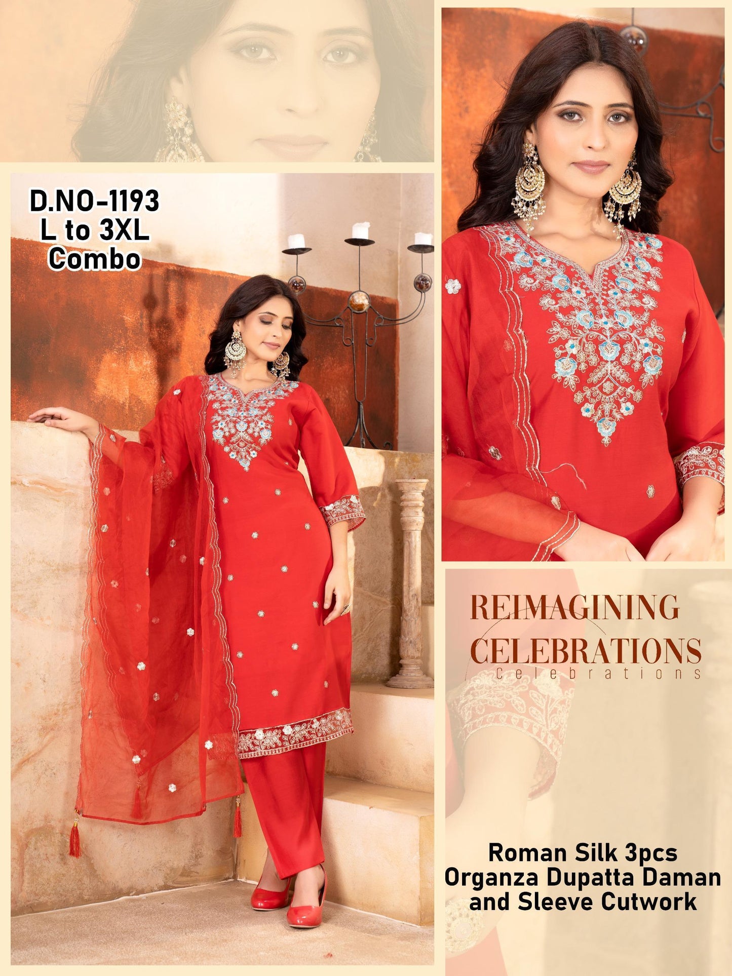 Roman Silk Embroidered Suit Set with Organza Dupatta