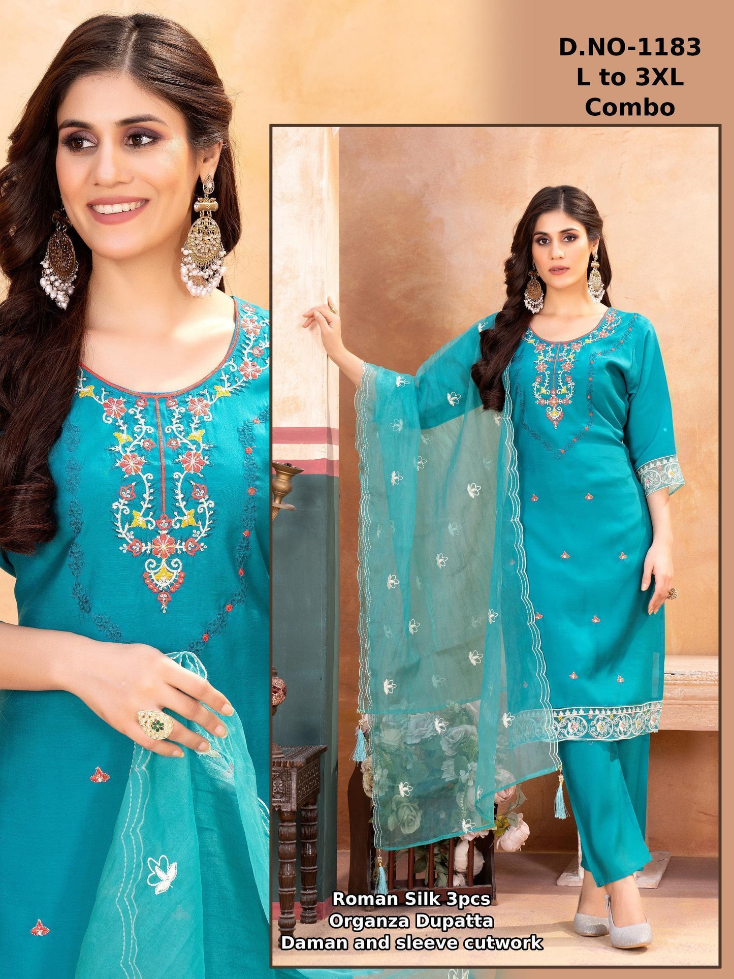 Roman Silk Embroidered Suit Set with Organza Dupatta