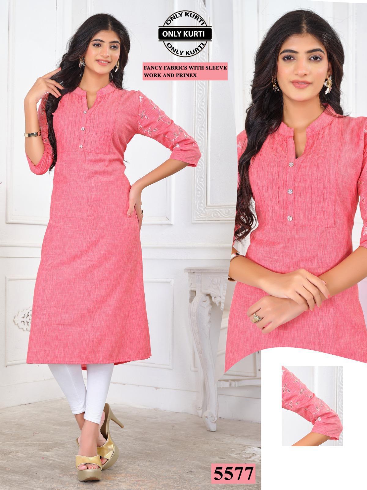 Fancy Fabric Kurti with Sleeve Work and Print