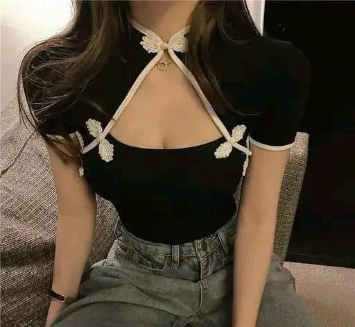 Designer Modern Cheongsam Style Cut-out Tunic Top - Korean Fashion