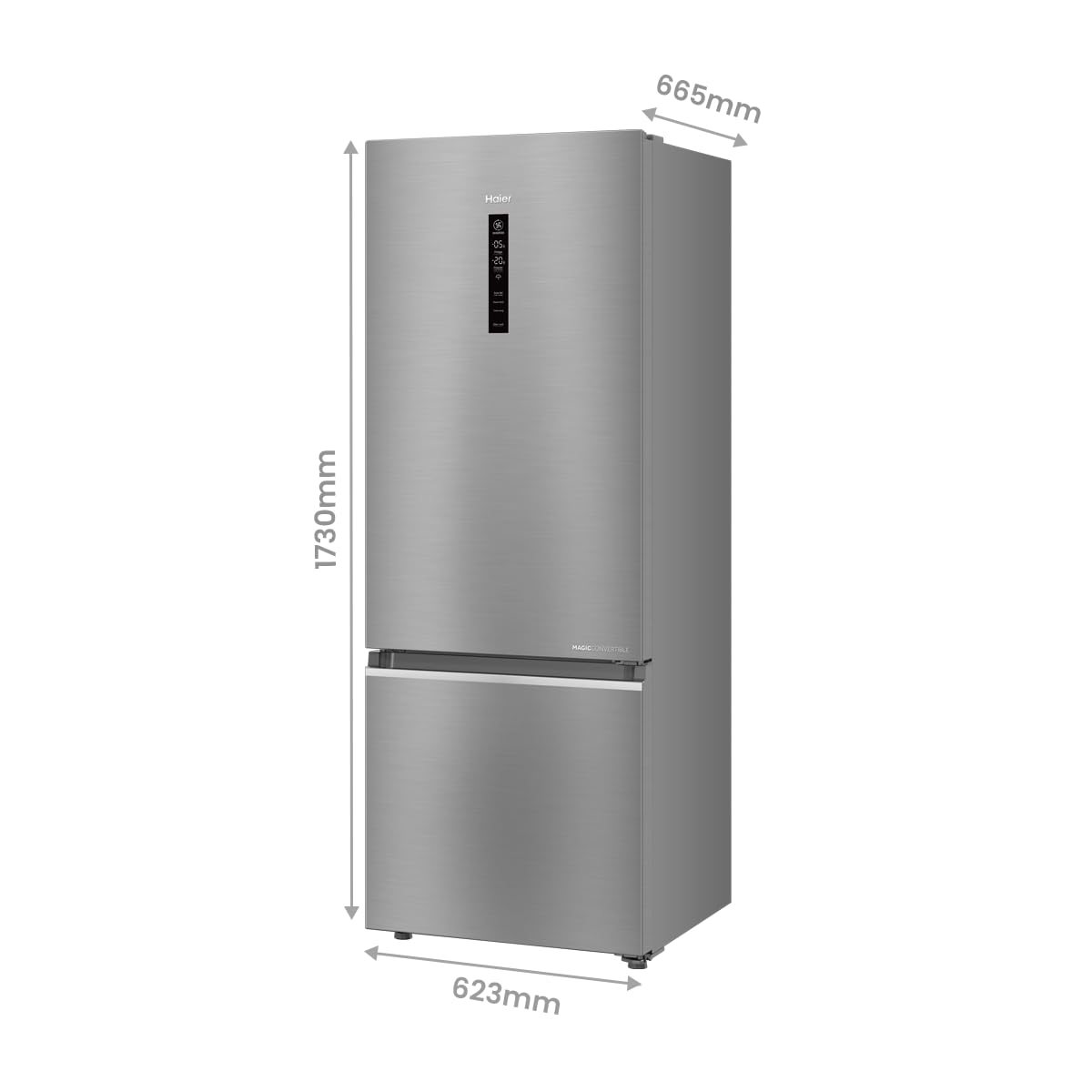 Haier 355 L, 3 Star, Convertible 14-in-1 Triple Inverter & Fan Motor Technology, with Display Frost Free, Bottom Mounted Double Door Refrigerator (HEB-363TS-P, Inox Steel)
