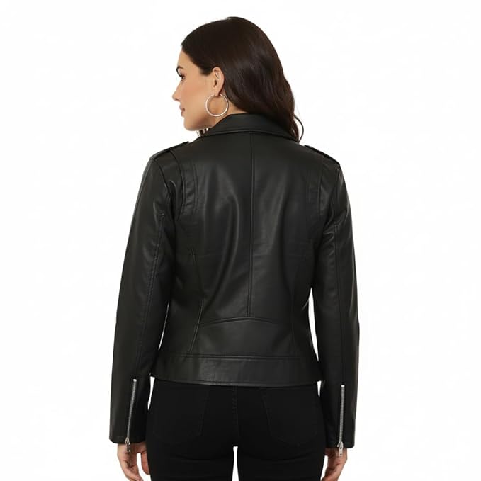 Women's Black Biker Jacket | Solid Stylish Streetwear | Full Sleeve Slim Fit for Girls & Ladies