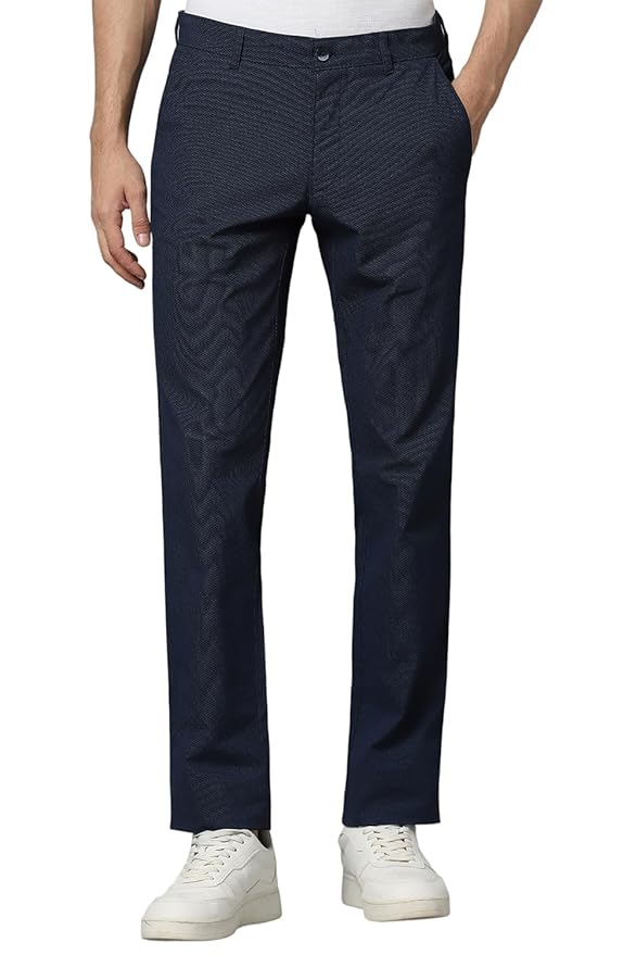 Louis Philippe Men's Slim Fit Textured Cotton Blend Casual Trousers