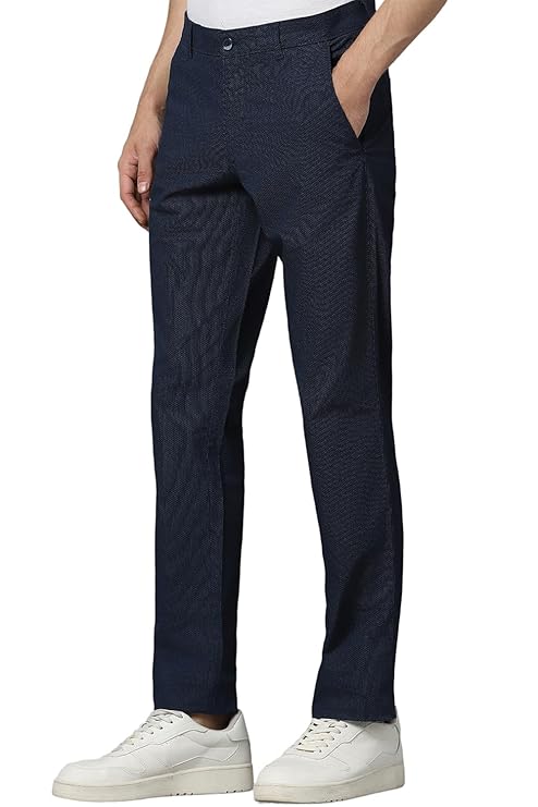 Louis Philippe Men's Slim Fit Textured Cotton Blend Casual Trousers