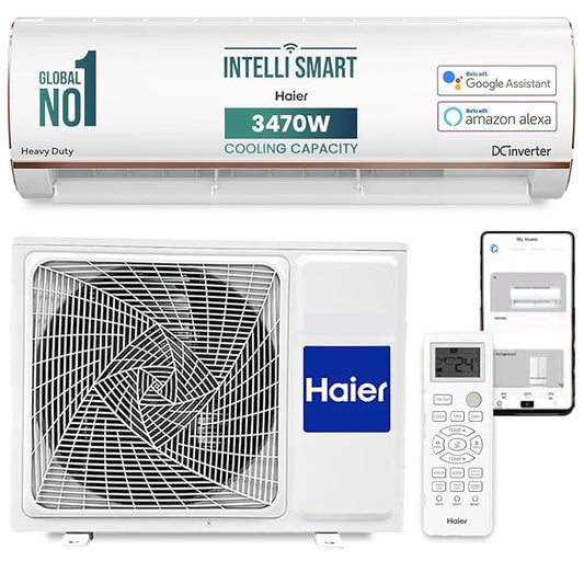 Haier 1 Ton 4 Star Smart Split AC (3470W, Copper, Wi-Fi, 4-Way Swing, 7 in 1 Convertible, Anti Bacterial Filter, Cools at 60°C Temp, 20 Mtr. Air Throw - HSU13K-PYFR4BN-INV, White)
