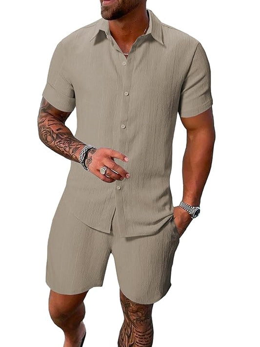 TAGDO Men's 2-Piece Summer Outfit - Short-Sleeve Shirt and Matching Shorts