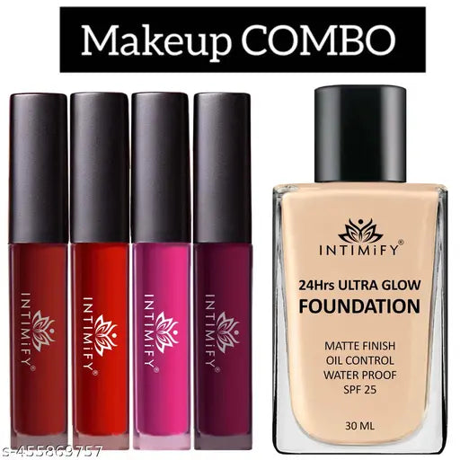 Matte Foundation, High Coverage Foundation with Matte Finish, Water Proof & SPF 25, Flawless Full coverage Foundation, 4 PEICES LIPSTICK COMBO OF DIFFERENT SHADES, Makeup Combo - Pack of 2