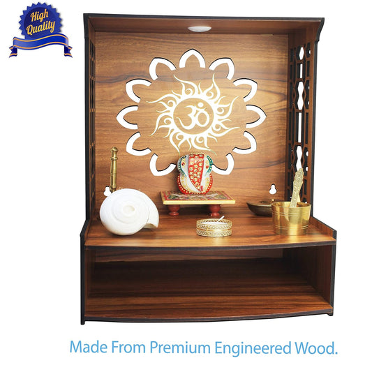 Heartily® Mangal Beautiful Wooden Pooja Stand for Home Pooja Mandir for Home Temple for Home and Office Puja Mandir for Home Wall Mounted with LED Spot Light Size (H- 15.5, L- 11.5, W-11 Inch)