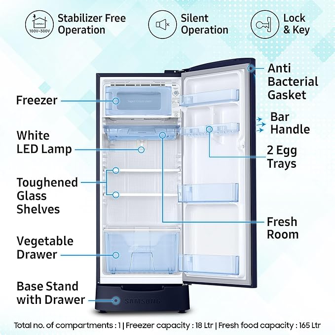 Samsung 183 L, 5 Star, Digital Inverter, Direct-Cool Single Door Refrigerator (RR20D2825HV/NL, Himalaya Poppy Blue, Base Stand Drawer)