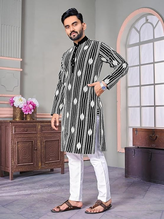 FOXDX Men's Soft Cotton Kurta Knee Length Mirror Embroidered Traditional Kurta for Men