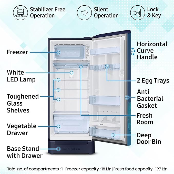 Samsung 215 L, 5 Star, Digital Inverter, Direct-Cool Single Door Refrigerator (RR23D2H359U/HL, Paradise Bloom Blue, Base Stand Drawer)