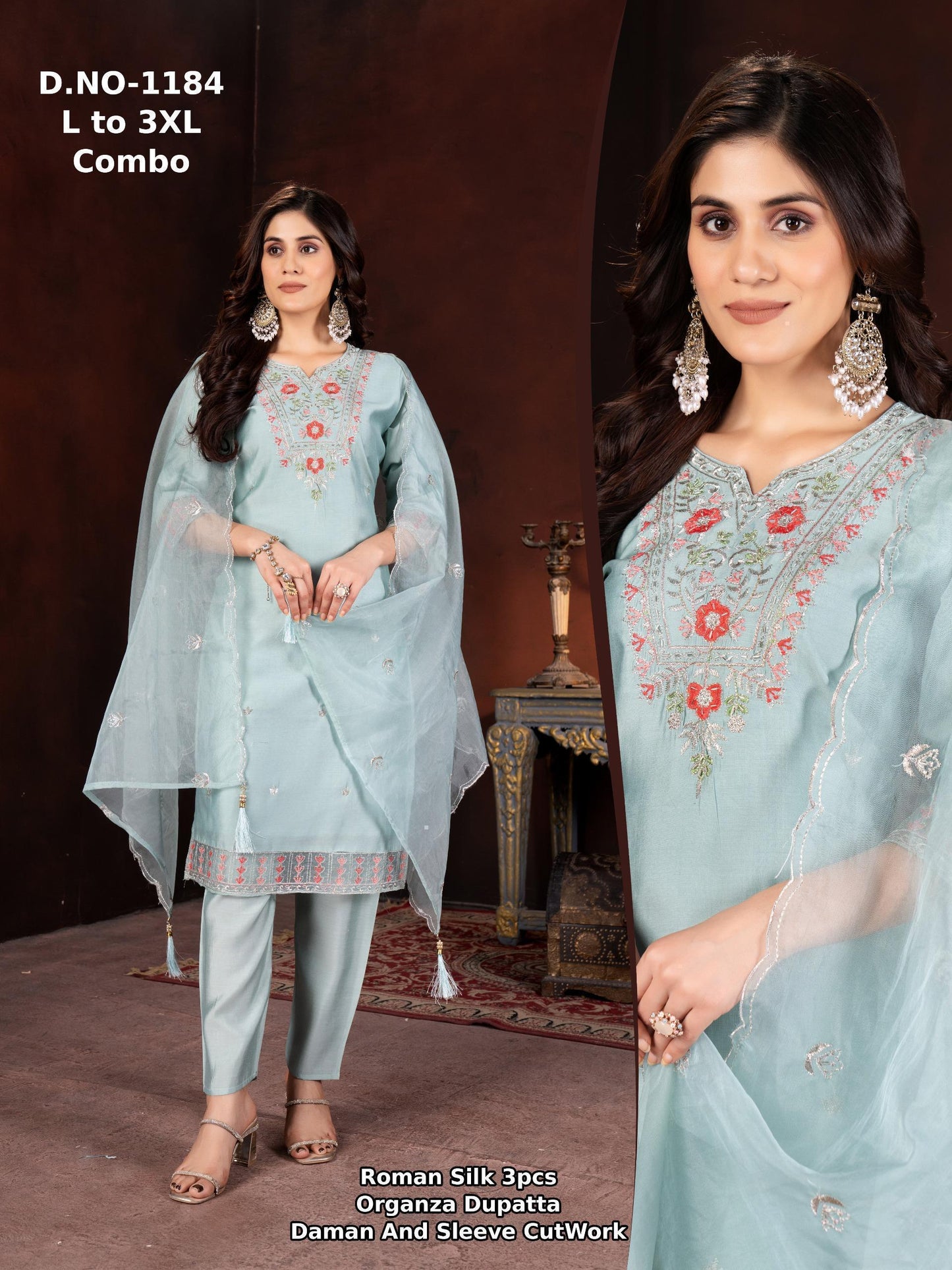 Roman Silk Embroidered Suit Set with Organza Dupatta