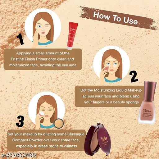 Dazller Face Essentials - (Cream, 8016), Moisturizing Liquid Makeup, 12mL + Classique Compact Powder, 9g + Pristine Finish Primer, 10g - Lightweight, Long Stay, No-makeup Look