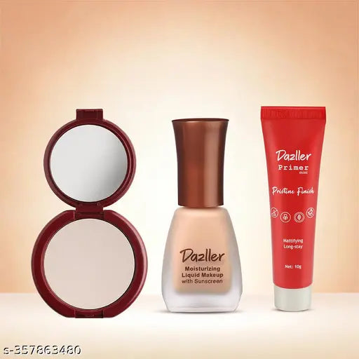 Dazller Face Essentials - (Cream, 8016), Moisturizing Liquid Makeup, 12mL + Classique Compact Powder, 9g + Pristine Finish Primer, 10g - Lightweight, Long Stay, No-makeup Look