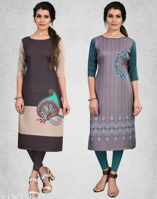 Hiva Western Collection Women's and Girls Crepe Aline Straight Cut Kurti (Pack Of 2 Kurta)