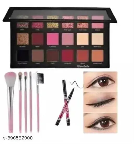 Rose Gold 18 color Stunning Eyeshadow Palette Glitter glossy With 5 pieces Multipurpose Brush set And 1 long lasting Eyeliner(Pack of 3 items) Rose Gold 18 color Stunning Eyeshadow Palette Glitter glossy With 5 pieces