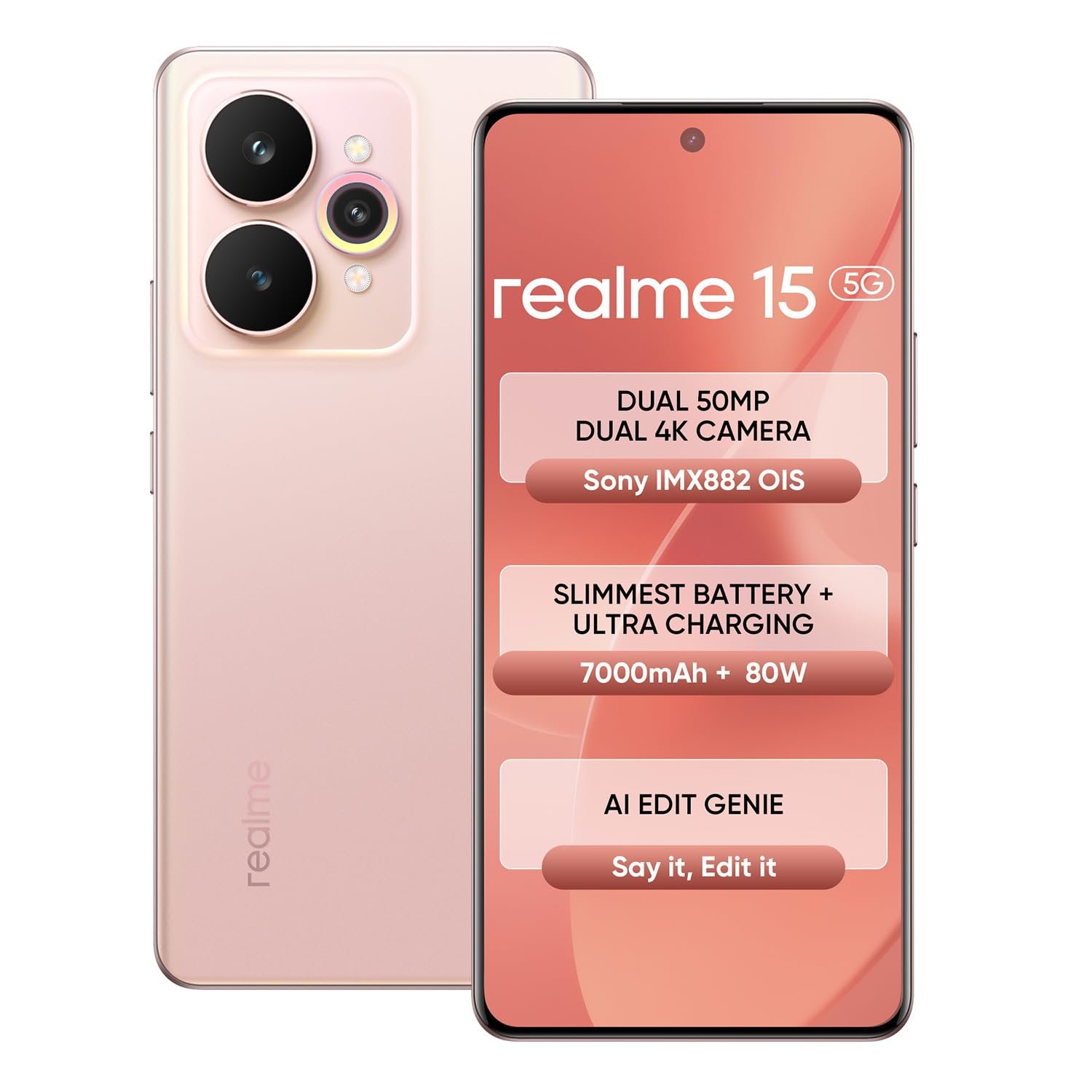 realme 15 5G Smartphone 8+256GB Pink,144Hz HyperGlow 4D Curve Display,7000mAh Battery,80W SuperVOOC,Dual 50MP 4K Cameras,Dimensity 7300+ Chipset,IP69