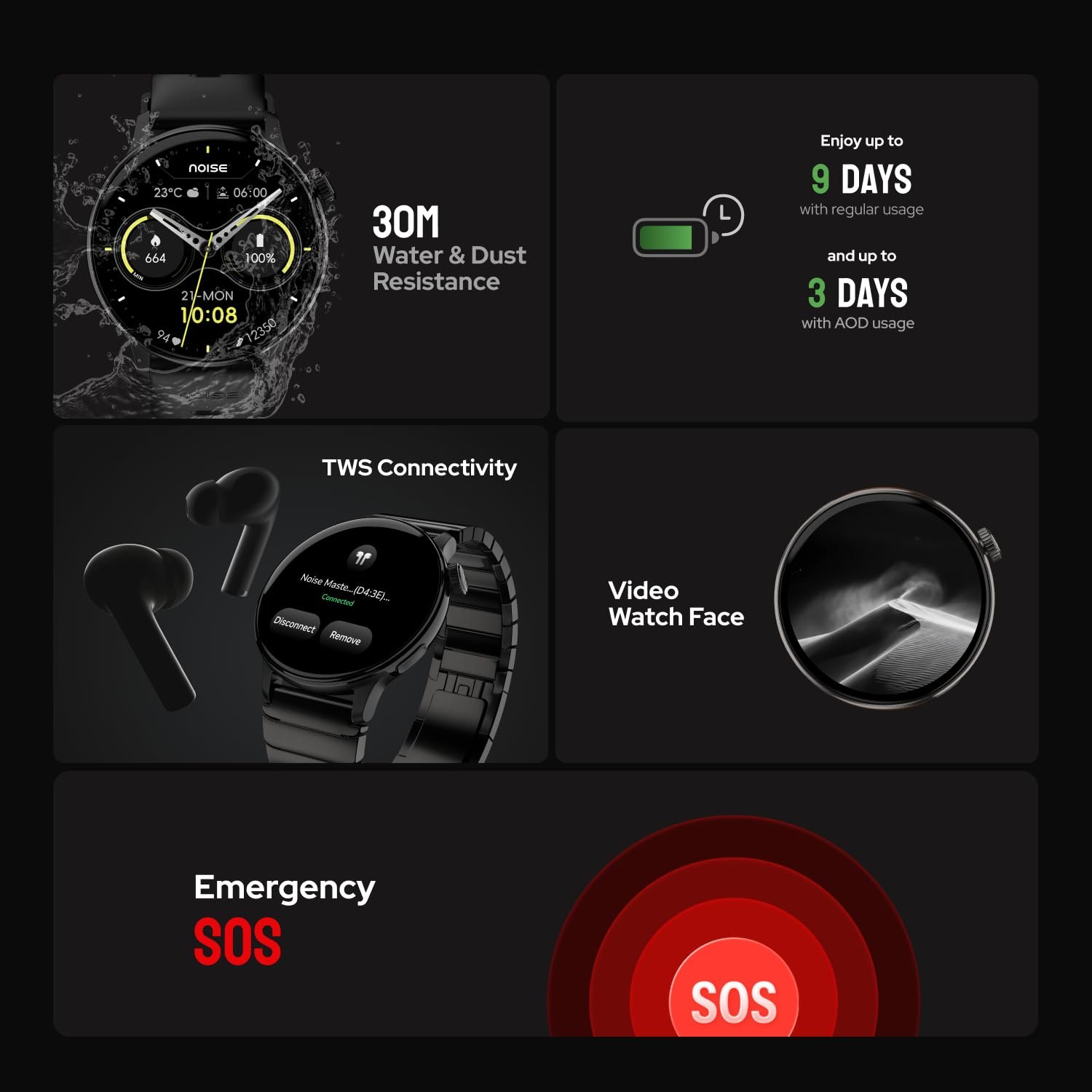 Noise Pro 6R 1.46" AMOLED Smart Watch, 1000 NITS, Powered by AI Pro, Built-in GPS, Strava Integration, Stainless Steel Dial, Video Watch Faces, 3ATM, Emergency SOS, TWS Connectivity (Jet Black) - Image 4