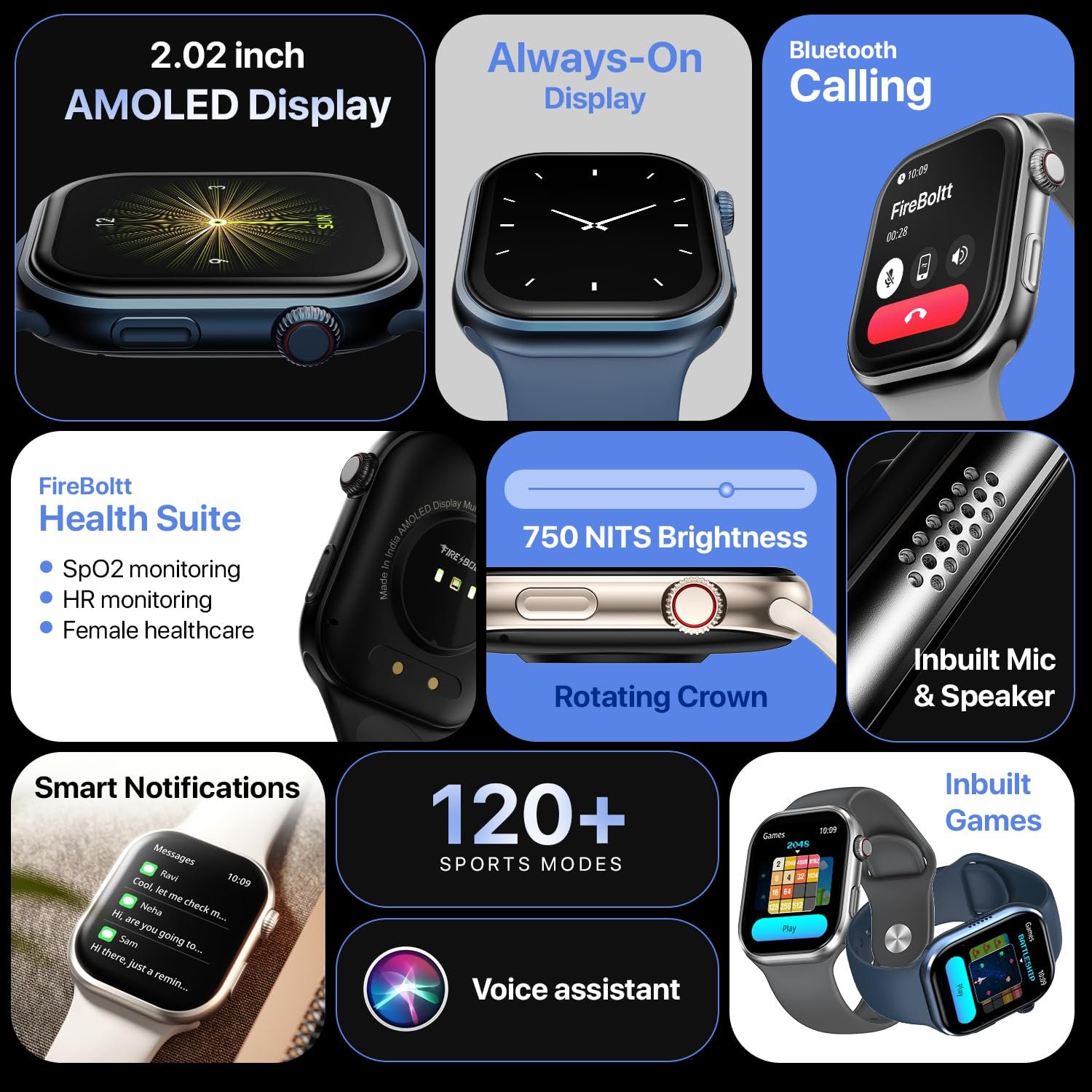 Fire-Boltt Brillia Smart Watch 2.02” Super AMOLED Display, Bluetooth Calling, SpO2, Heart Rate Monitor, 120+ Sports Modes, Fitness Tracker, Voice Assistant, Smart Watch for Man & Women - Image 11