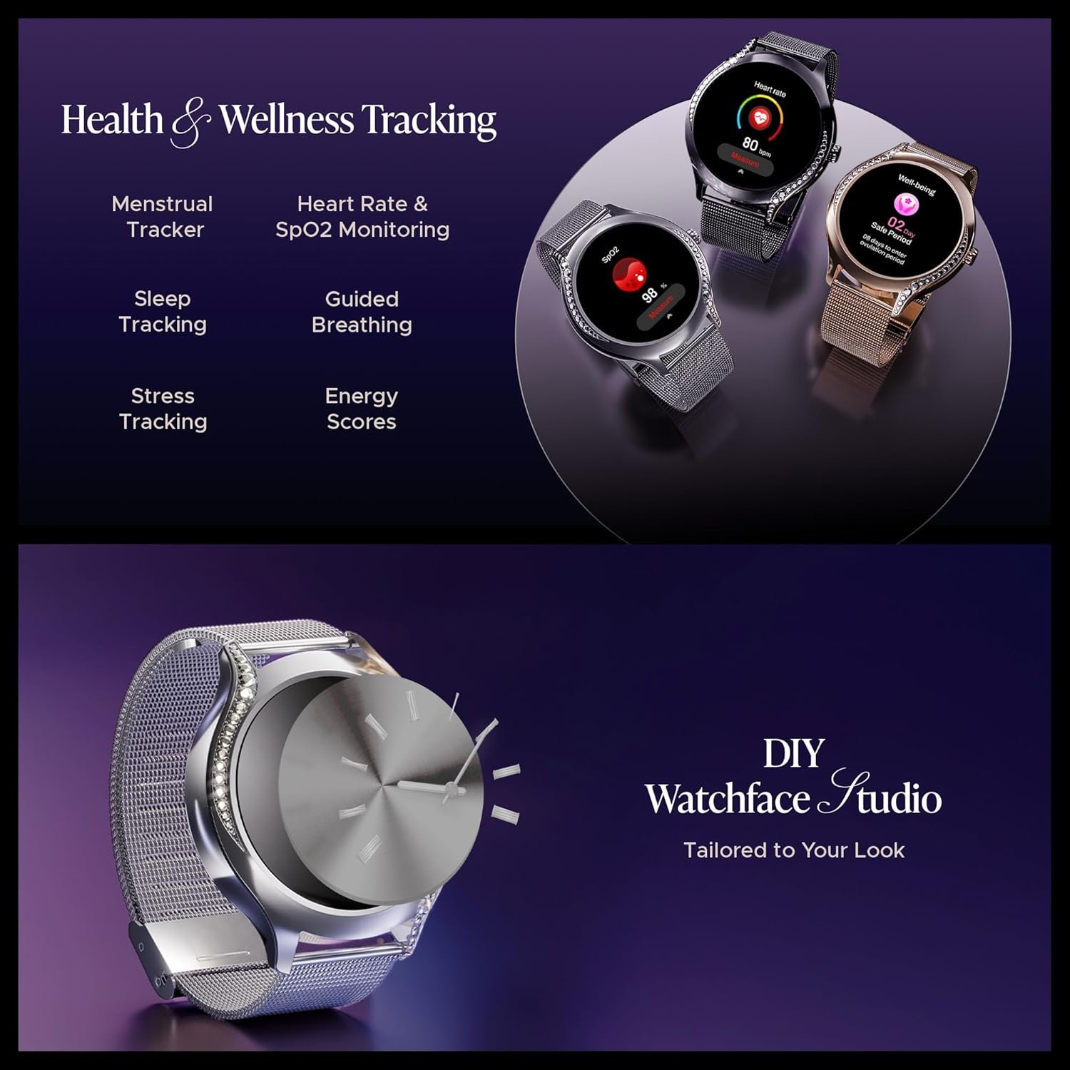 Boat Enigma Gem Women's Luxury Smart Watch w/ 1.19” (3.02cm) AMOLED Display, Emergency SOS Live Location Sharing, Female Wellness, Watch Face Studio, BT Calling, Watch for Woman (Metallic Silver) - Image 6