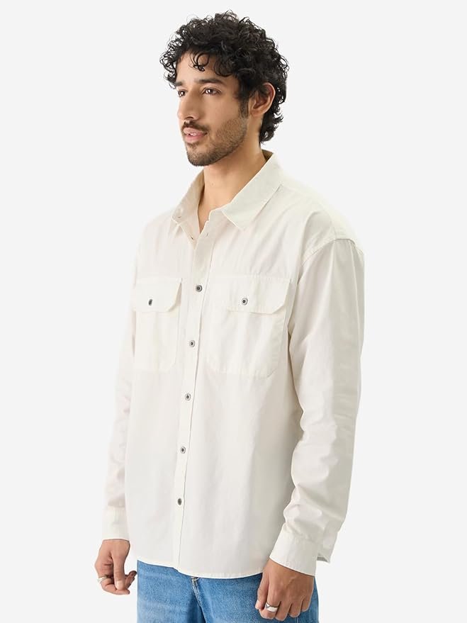 The Souled Store Solids: Off White Men and Boys Long Sleeve Collared Neck Button Down Regular Fit Cotton Utility Shirts - Image 2