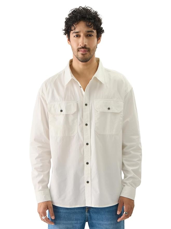 The Souled Store Solids: Off White Men and Boys Long Sleeve Collared Neck Button Down Regular Fit Cotton Utility Shirts
