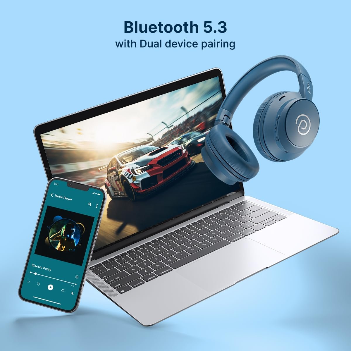 pTron Studio Evo 70hrs Playtime Wireless Over Ear Headphones with HD Mic, Low-Latency Game/Movie/Music Modes, Punchy Bass, BT5.3, Dual Device Pairing, Voice Assistant & Type-C Fast Charging (Blue) - Image 8