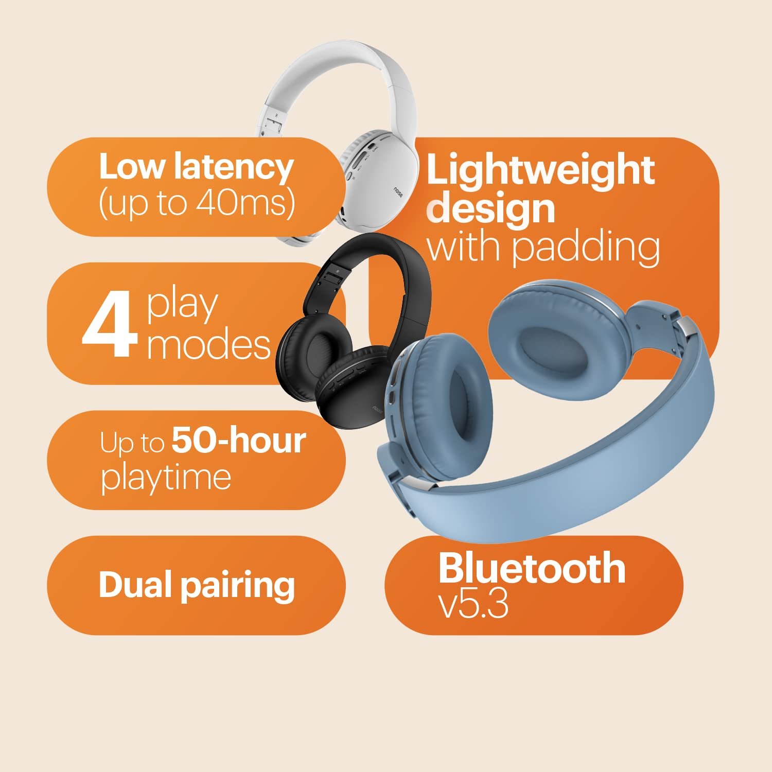 Noise Two Wireless On Ear Headphones with 50 Hours Playtime, Low Latency(up to 45ms), 4 Play Modes, Dual Pairing, BT v5.3 (Serene Blue) - Image 11