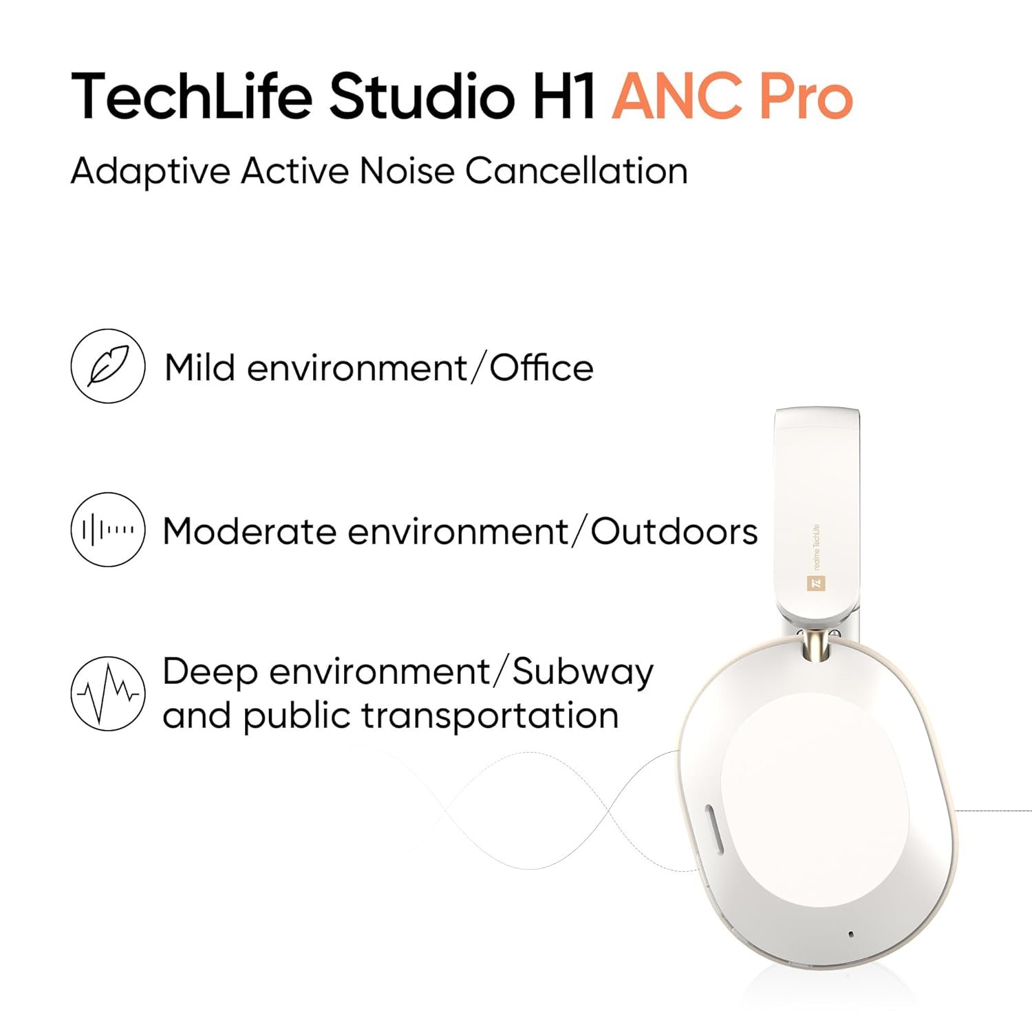 realme TechLife Studio H1 Over The Ear Over Ear Wireless Headphone with 70Hours Playtime 360° Spatial Audio, 40mm Drivers, 80ms Superlow Latency, 43 dB Adaptive ANC-White - Image 9