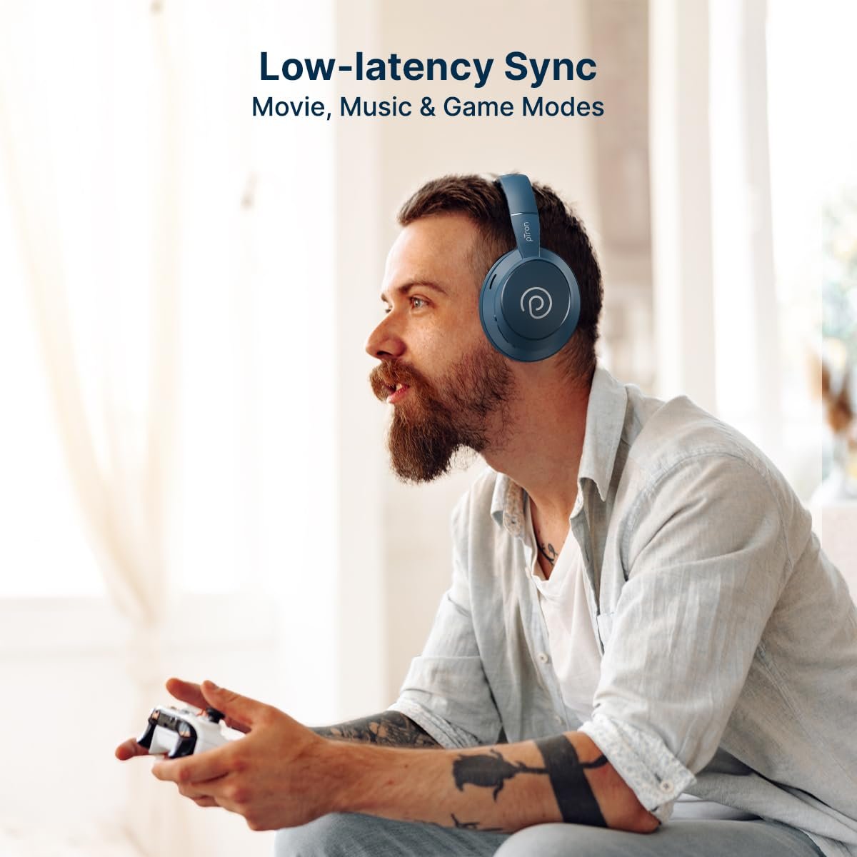 pTron Studio Evo 70hrs Playtime Wireless Over Ear Headphones with HD Mic, Low-Latency Game/Movie/Music Modes, Punchy Bass, BT5.3, Dual Device Pairing, Voice Assistant & Type-C Fast Charging (Blue) - Image 9