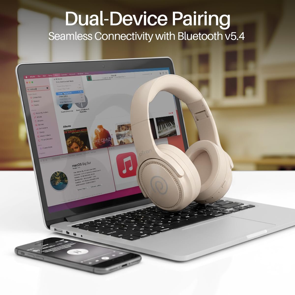 pTron Studio Pro w/ 65Hrs Playtime, Wireless Over Ear Headphones w/HD Mic & TruTalk AI-ENC Calls, Low-Latency Game & Music, 40mm Drivers, BT5.4, Dual Device Pairing & Type-C Fast Charging (Beige) - Image 9