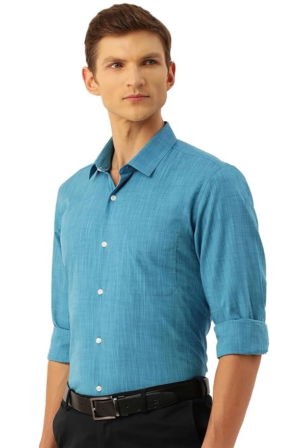 Peter England Men's Slim Fit Full Sleeve Formal Textured Solid Shirt | Festive Duo-Tone Colour | 100% Cotton - Image 2