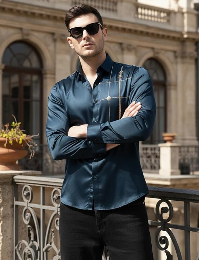 IndoPrimo Men’s Premium Satin Shirt for Party, Formal and Casual Wear – Stylish Designer Full Sleeve Shirt for Men - Image 3