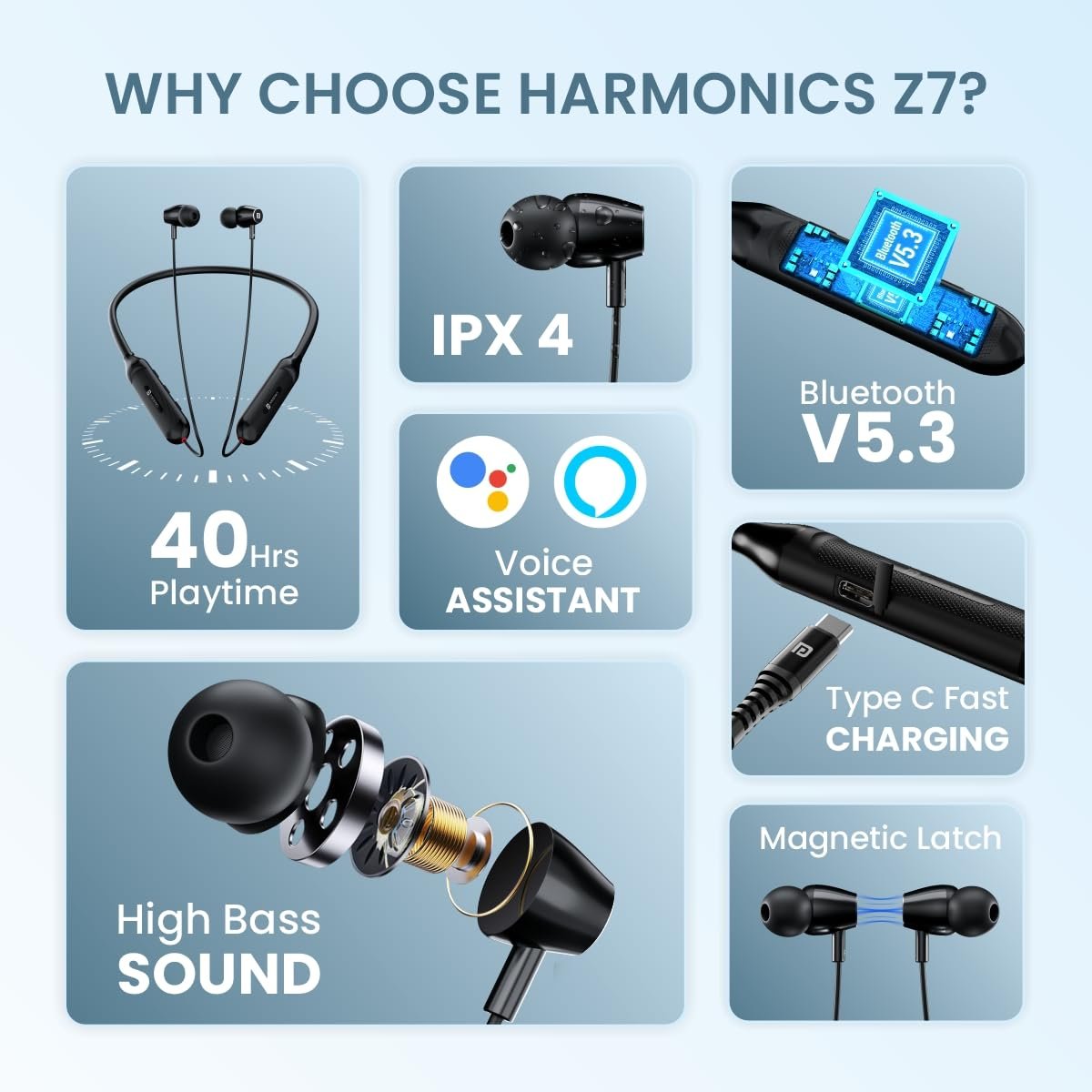 Portronics Harmonics Z7 Bluetooth Wireless in Ear Earphones with Upto 40 Hours Playback, 10mm Dynamic Driver, Gaming Mode, High Bass, IPX4 Water and Sweat Resistant, Type C Fast Charging(Black) - Image 2