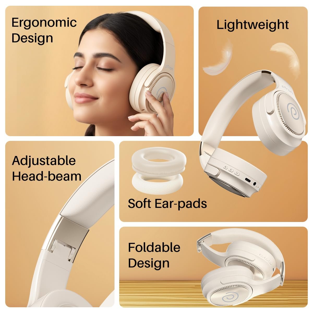 pTron Studio Pro w/ 65Hrs Playtime, Wireless Over Ear Headphones w/HD Mic & TruTalk AI-ENC Calls, Low-Latency Game & Music, 40mm Drivers, BT5.4, Dual Device Pairing & Type-C Fast Charging (Beige) - Image 2