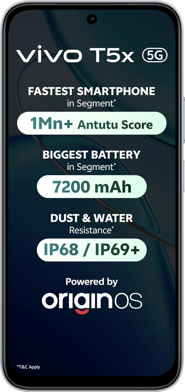 vivo T5x 5G (Star Silver, 8GB RAM, 256GB Storage) | 50MP AI Dual Camera | 32MP Selfie | 6.76" FHD+ Display | 7200mAh Battery | Dimensity 7400-Turbo Processor | Fast Charging | Dual SIM Smartphone