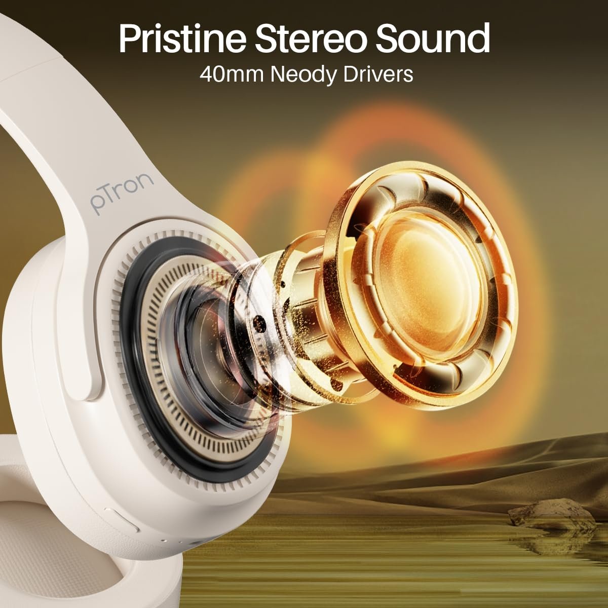 pTron Studio Pro w/ 65Hrs Playtime, Wireless Over Ear Headphones w/HD Mic & TruTalk AI-ENC Calls, Low-Latency Game & Music, 40mm Drivers, BT5.4, Dual Device Pairing & Type-C Fast Charging (Beige) - Image 3