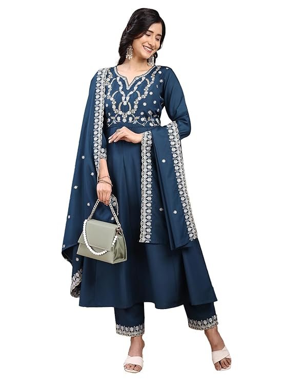 Granthva Fab Women Embroidered Silk Anarkali Kurta Pant Set with Dupatta