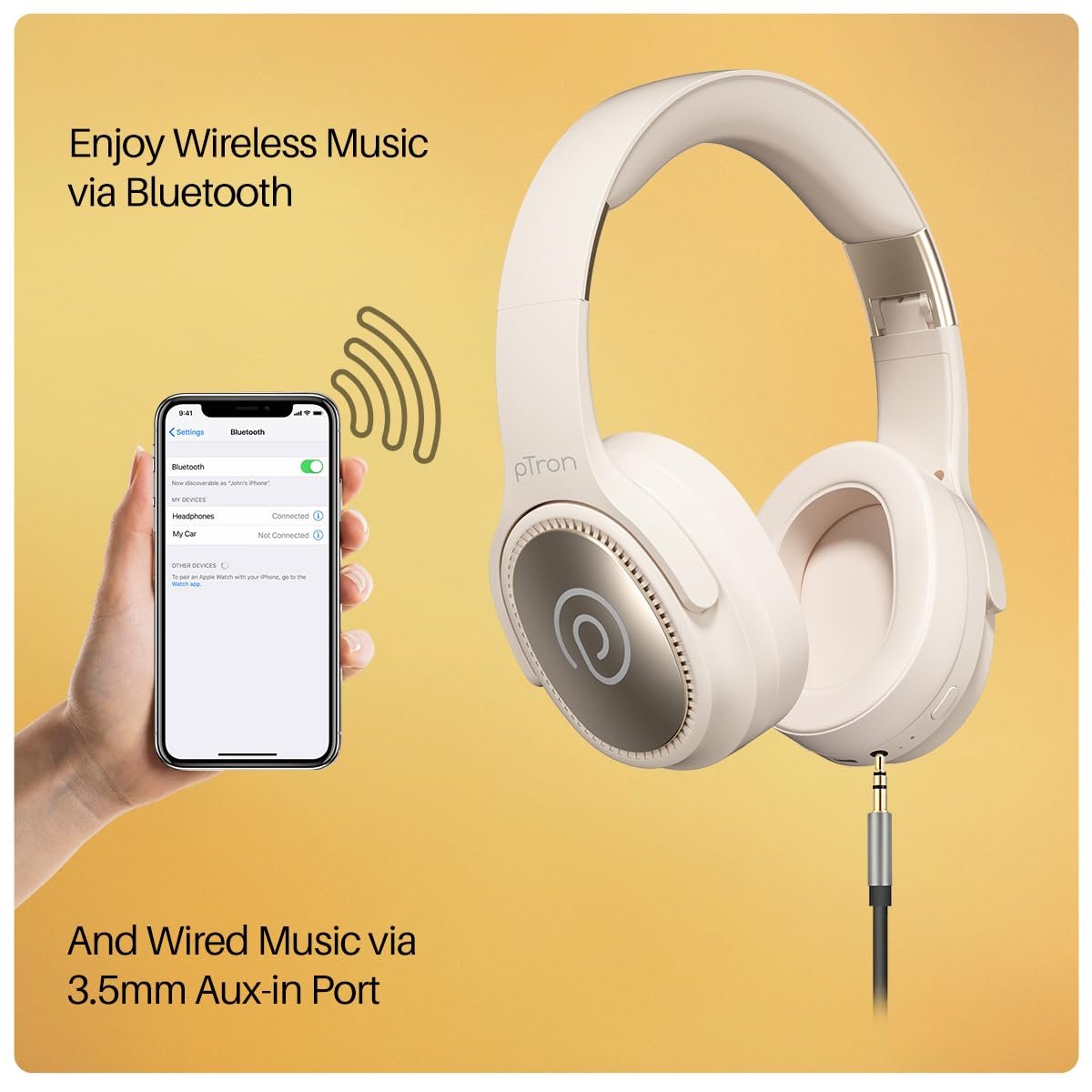pTron Studio Pro w/ 65Hrs Playtime, Wireless Over Ear Headphones w/HD Mic & TruTalk AI-ENC Calls, Low-Latency Game & Music, 40mm Drivers, BT5.4, Dual Device Pairing & Type-C Fast Charging (Beige) - Image 6