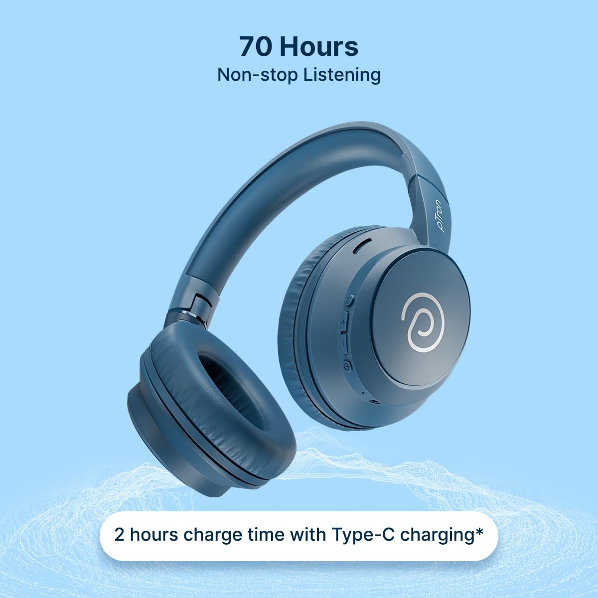 pTron Studio Evo 70hrs Playtime Wireless Over Ear Headphones with HD Mic, Low-Latency Game/Movie/Music Modes, Punchy Bass, BT5.3, Dual Device Pairing, Voice Assistant & Type-C Fast Charging (Blue) - Image 4