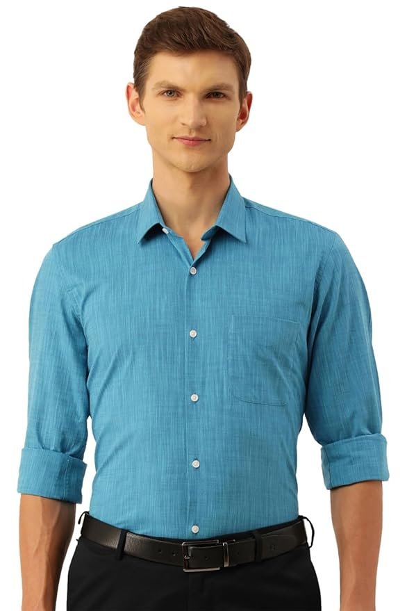 Peter England Men's Slim Fit Full Sleeve Formal Textured Solid Shirt | Festive Duo-Tone Colour | 100% Cotton